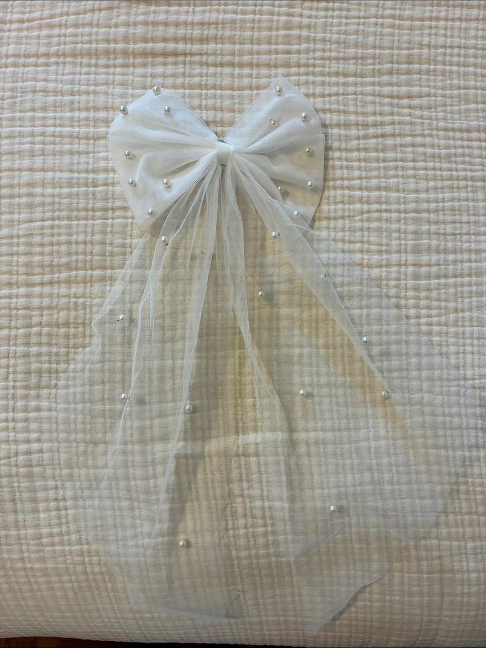 White Pearl-Embellished Tulle Bow Accent